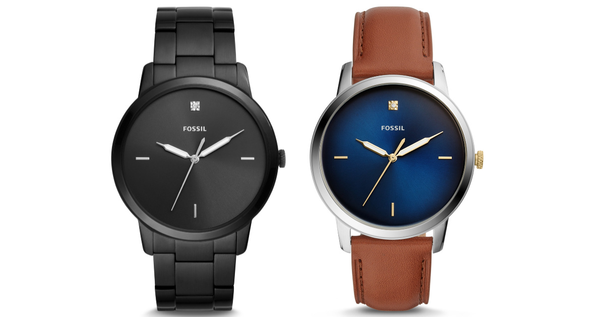 black fossil watch and fossil watch with brown band and blue face