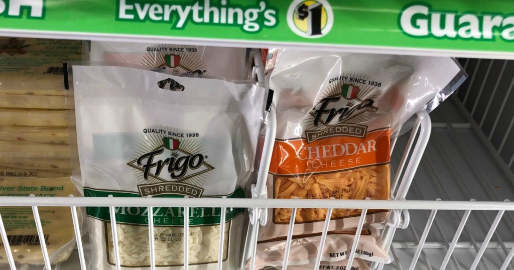 bags of Frigo Shredded cheese in refrigerated display case at Dollar Tree