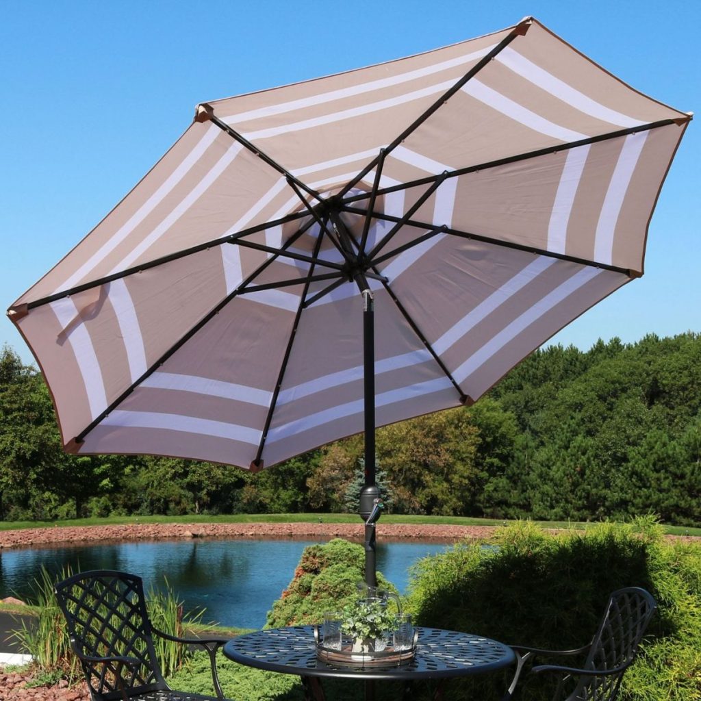 9' Solar LED Outdoor Patio Umbrella with Push Button Tilt and Crank - Beige Stripe - Sunnydaze Decor