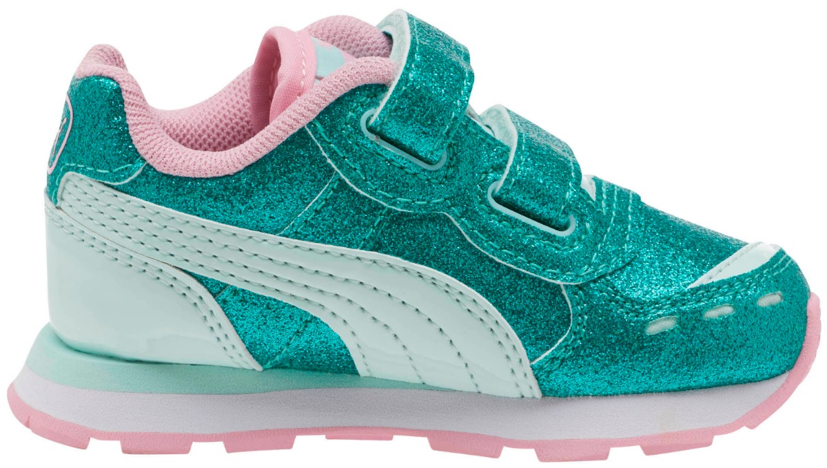 Toddler Girls shoe in aqua with pink glitter