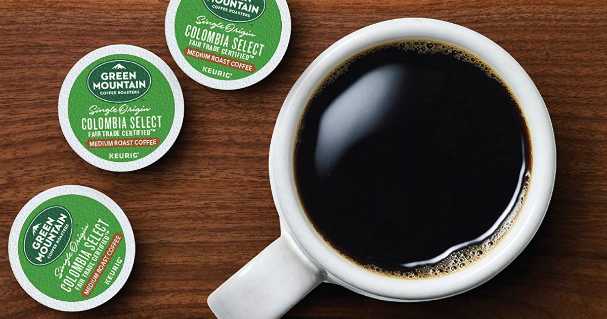 Green Mountain Coffee k-cups with coffee mug