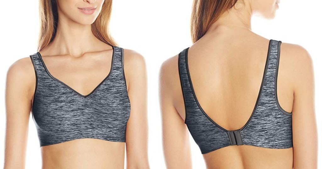 woman modeling front and back of grey hanes bra