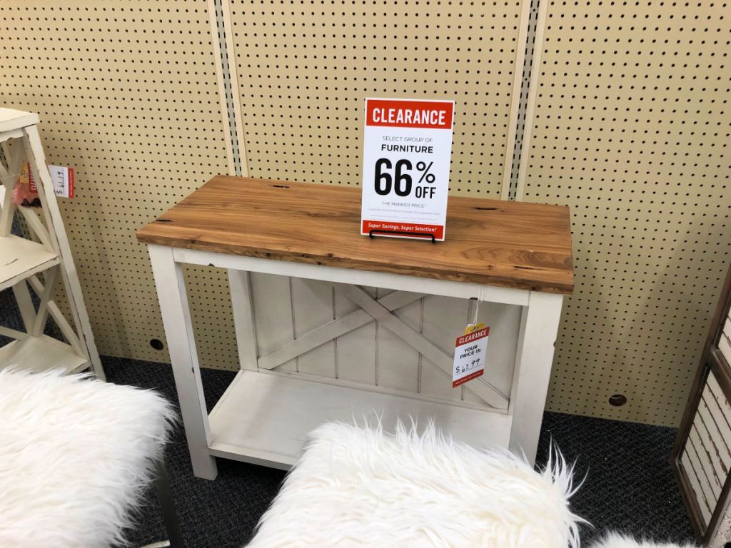 farmhouse white and light wood entry table in hobby lobby with white furry stools