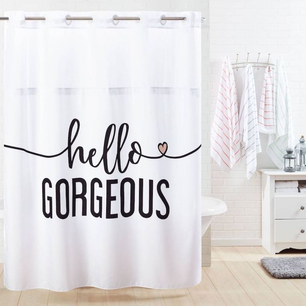 white Hookless shower curtain with Hello Gorgeous script