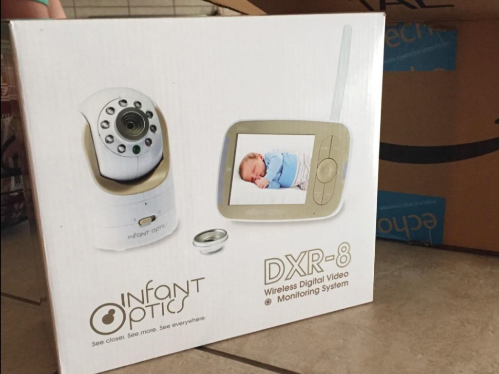box of Infant Optics DXR-8 3.5" Video Baby Monitor on tile
