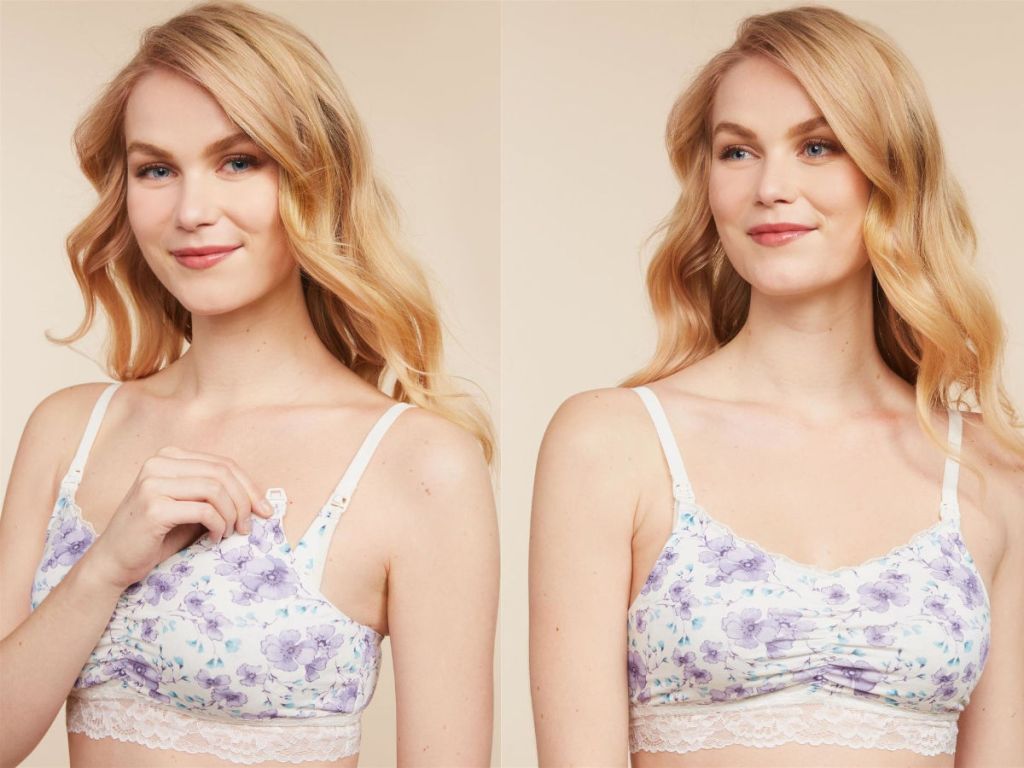 woman wearing Jessica Simpson Wireless Maternity And Nursing Bra in Lilac Floral