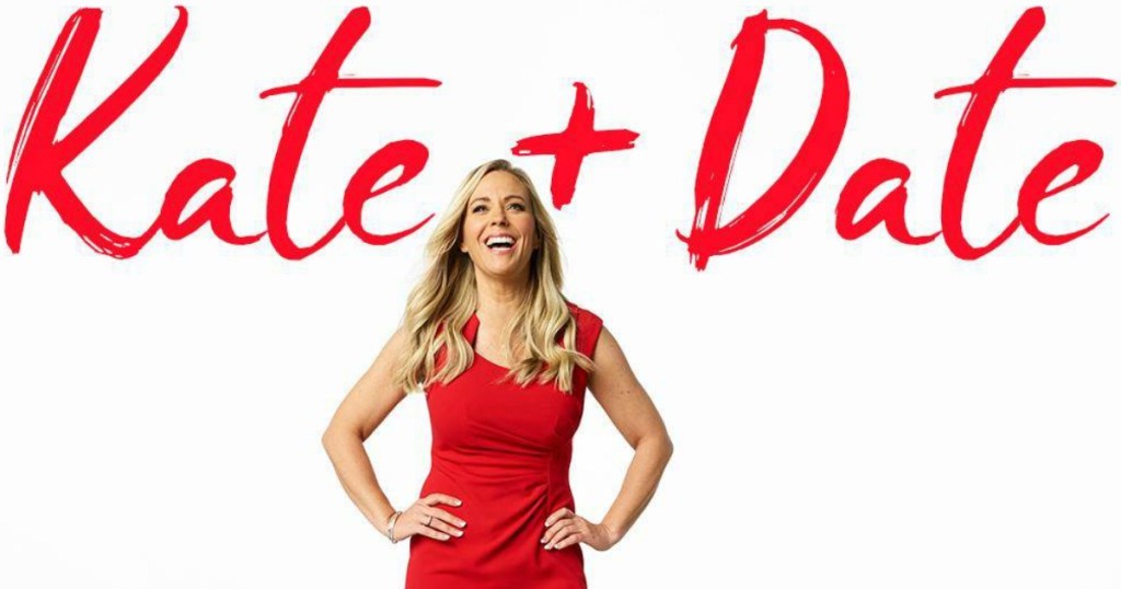 Kate Gosselin in a red dress with the words Kate + Date behind her