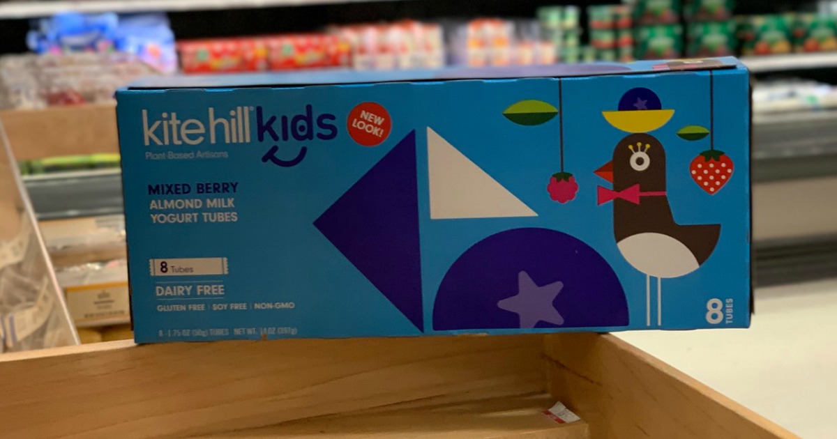 Kite hill yogurt tube boxes on store shelf