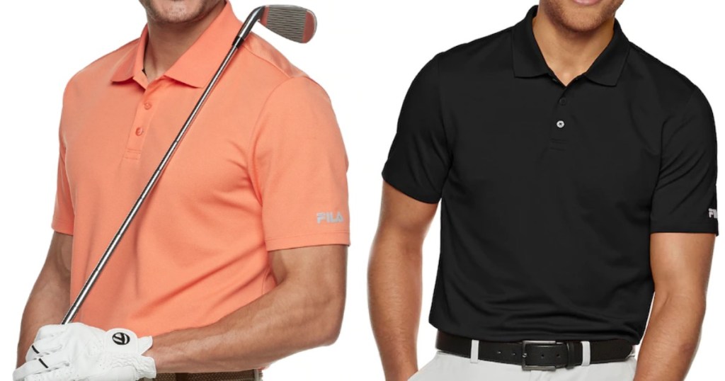 Man modeling orange polo shirt holding golf club next to man wearing black polo