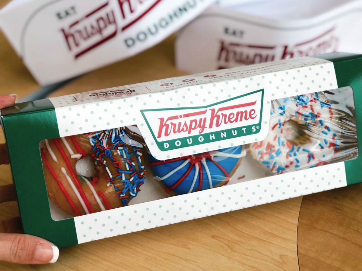 three patriotic doughnuts in krispy kreme doughnut box