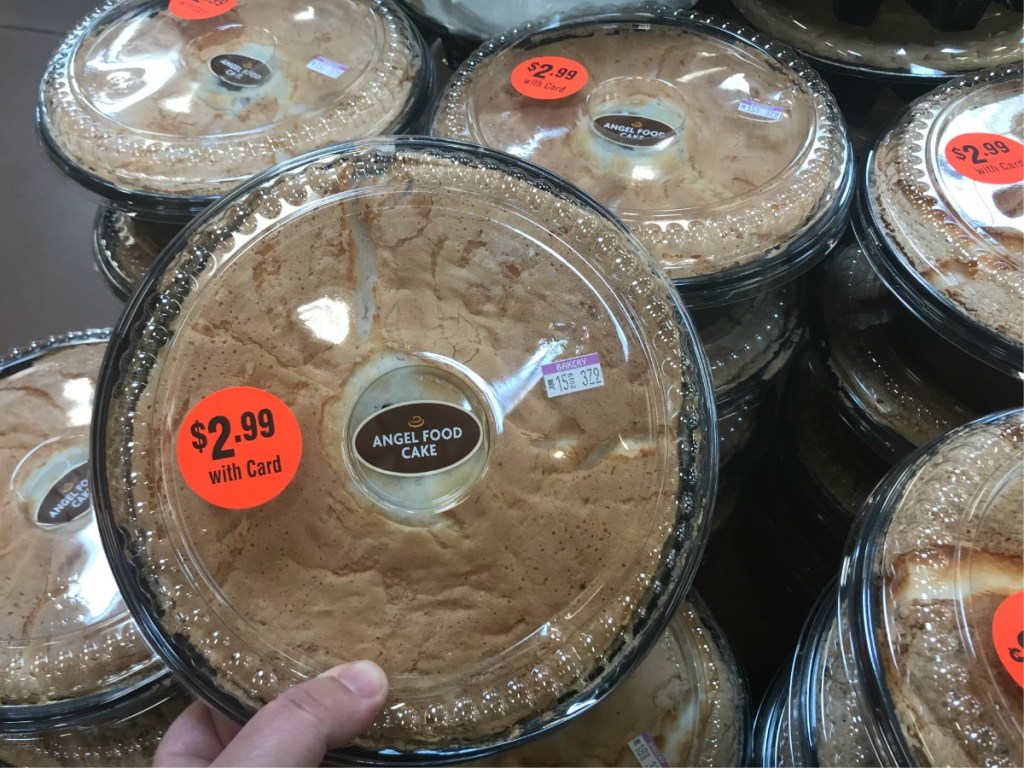 Angel food cake in black and clear packaging