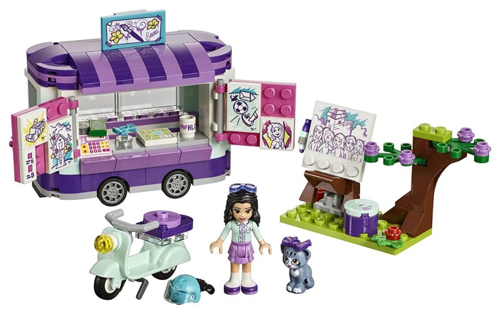 LEGO Friends set with art cart, easel, scooter, girl minifig, and cat minifig