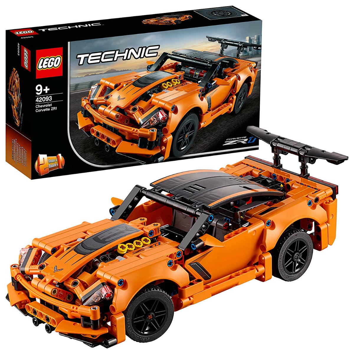orange corvette built out of LEGOs with LEGO box