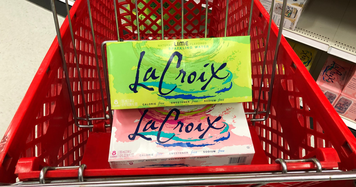 lacroix 12 packs stacked in a Target cart