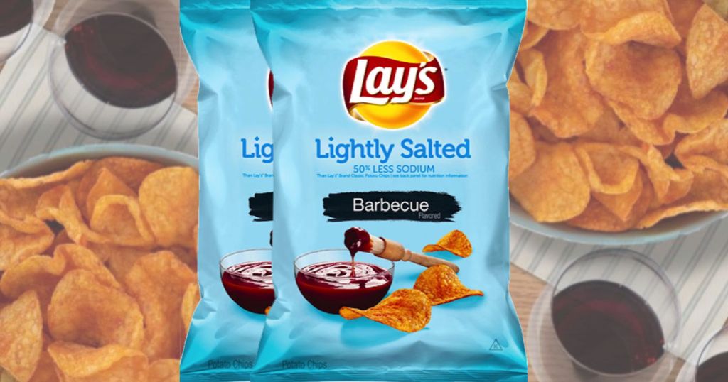 Lay’s Lightly Salted Barbecue Flavored Potato Chips with bowls of chips in the background
