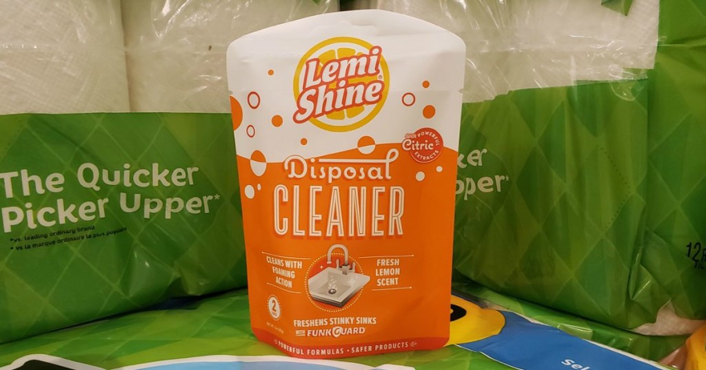 Lemi Shine Disposal Cleaner 2-Count package on Bounty paper towel packages