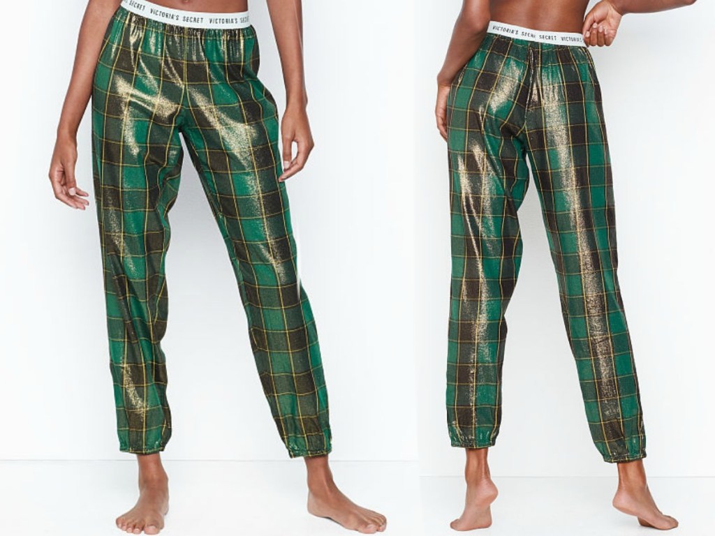 woman modeling front and back of shiny plaid green pj pants