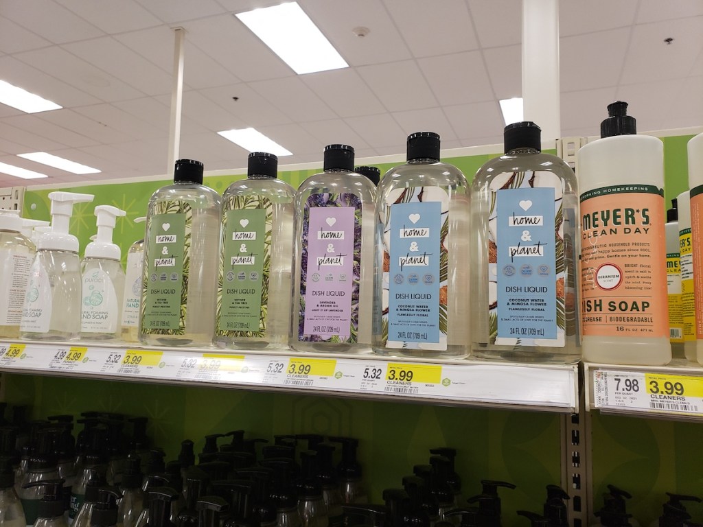 Love Home and Planet Dish Liquid in Coconut Water & Mimosa Flower, Lavendar & Argan Oil, and Vetiver & Tea Tree at Target on shelf