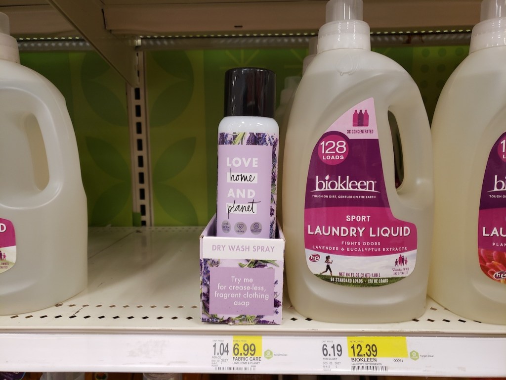 Love Home and Planet Dry Washer Spray in Lavendar & Argan Oil at Target on shelf