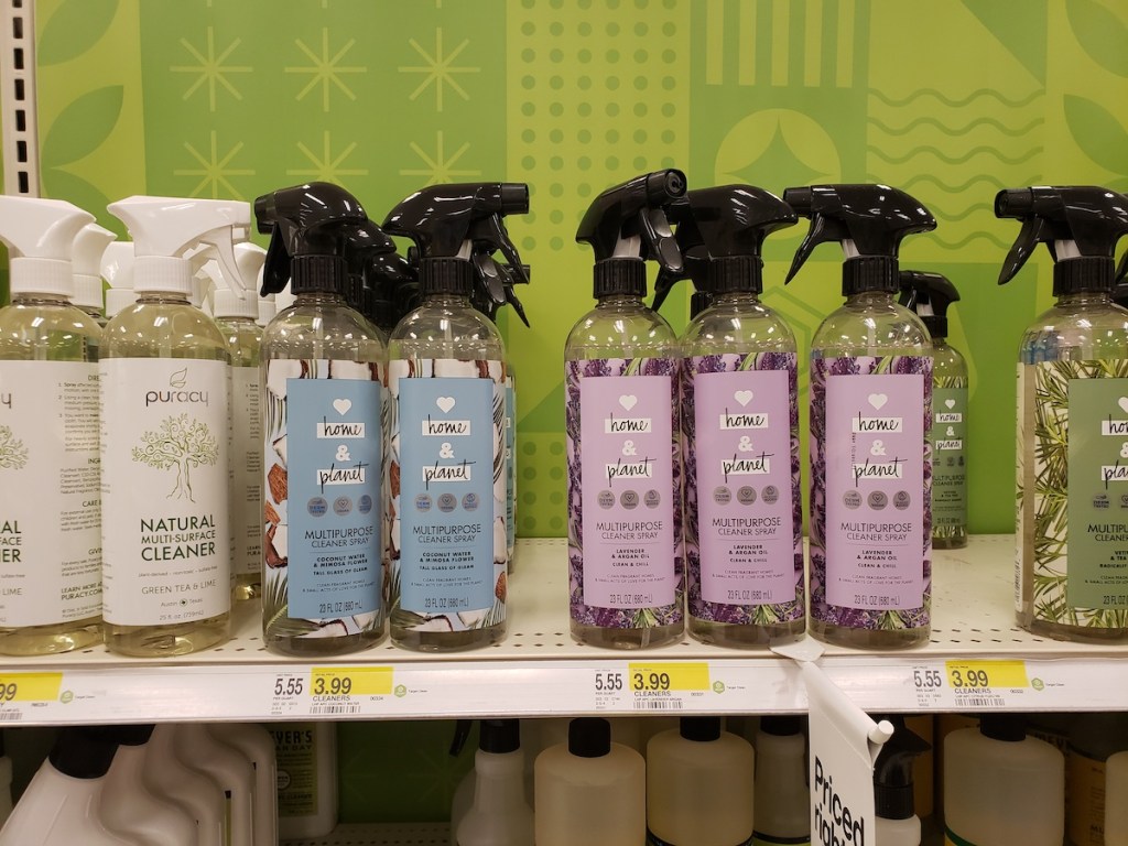 Love Home and Planet Multipurpose Cleaner Spray in Coconut Water & Mimosa Flower, Lavendar & Argan Oil, and Vetiver & Tea Tree at Target on shelf