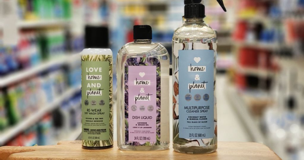 Love Home and Planet Products in Coconut Water & Mimosa Flower, Lavendar & Argan Oil, and Vetiver & Tea Tree at Target on shelf