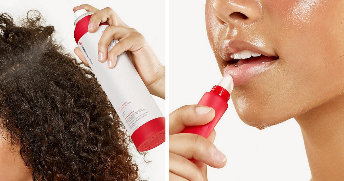 Women using Lululemon dry shampoo and lip balm