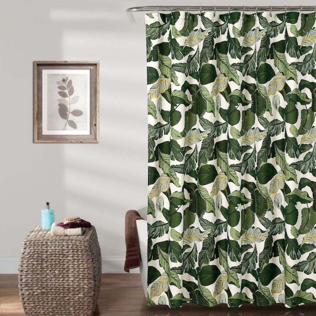 Lush Decor tropical leaf print shower curtain with wicker basket side table