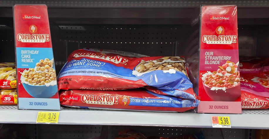 Walmart store shelf featuring different bags of Malt o Meal Cold Stone Creamery cereals