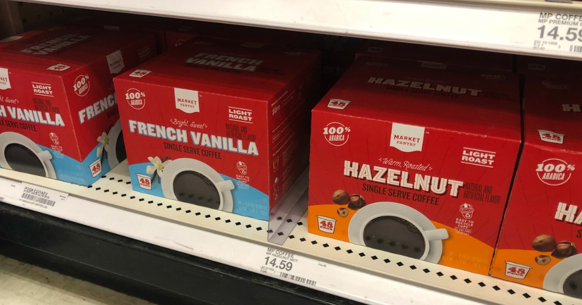 Market Pantry single-serve coffee boxes on shelf