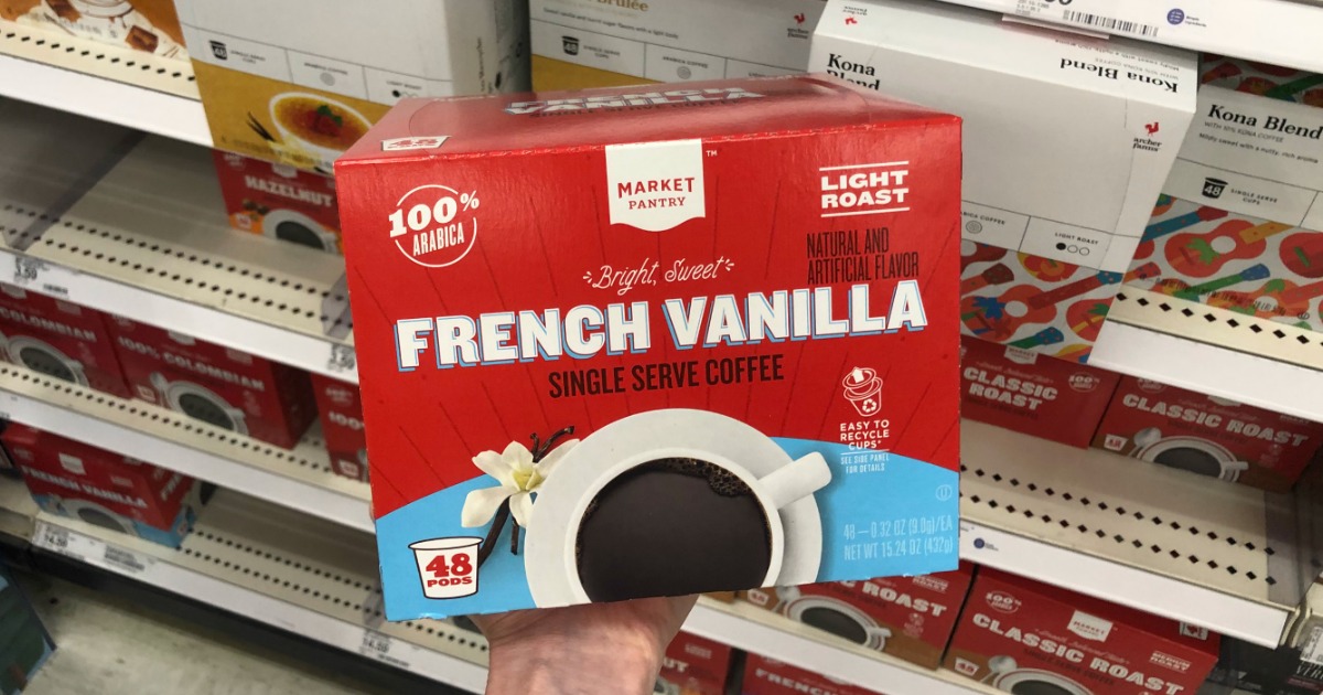 hand holding Market Pantry single-serve coffee pods box at Target