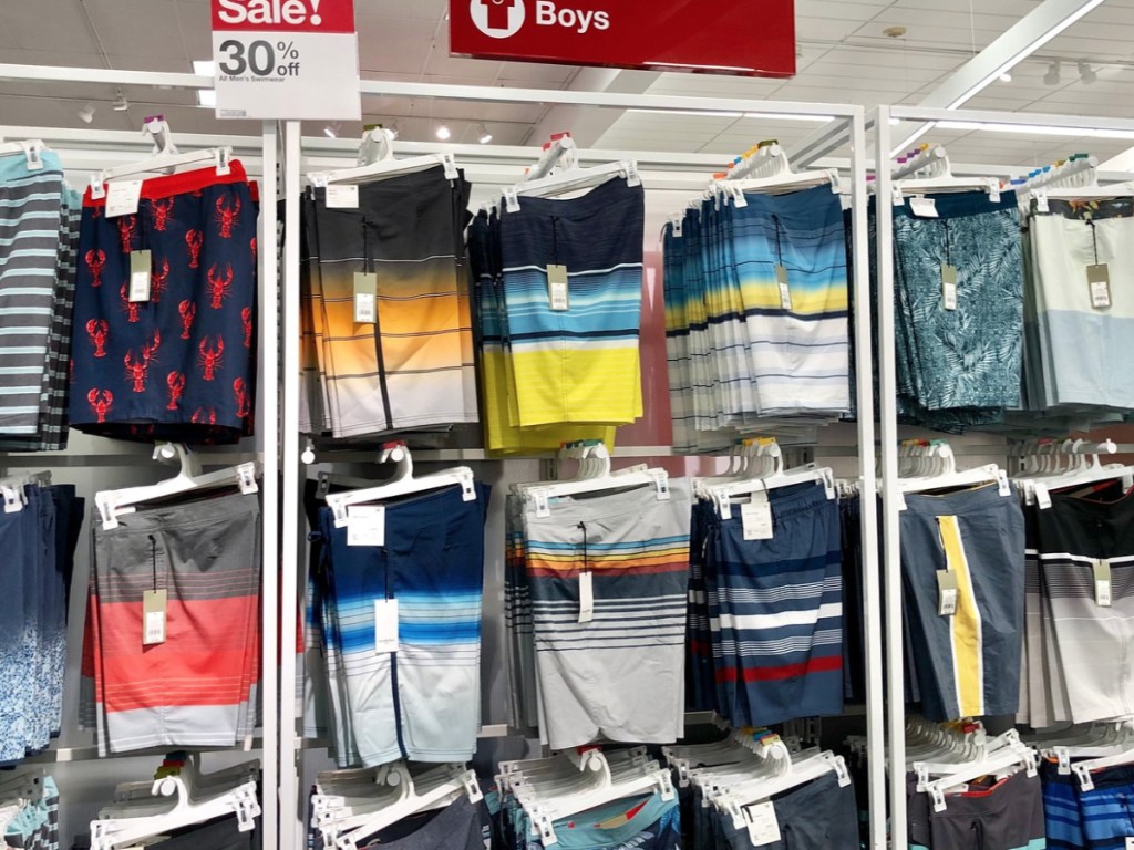 Men's Board Shorts hanging on Target rack