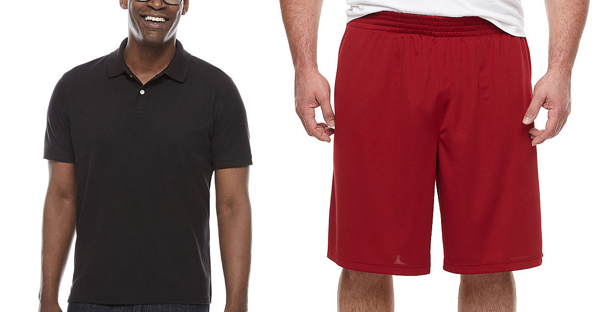 man wearing a black polo shirt and a man wearing red shorts