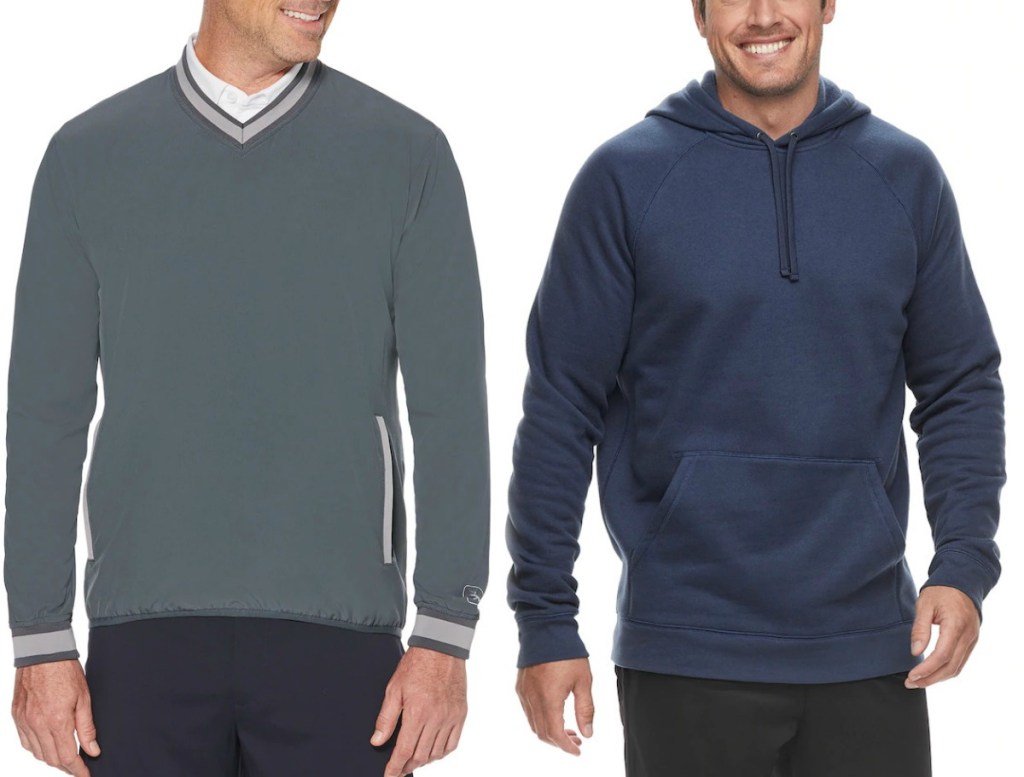 men in navy sweatshirt and grey pullover v-neck