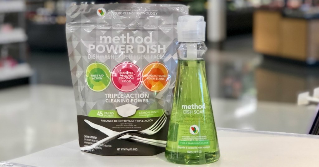 Method Dishwasher Detergent Packs and Dish Soap sitting on a counter