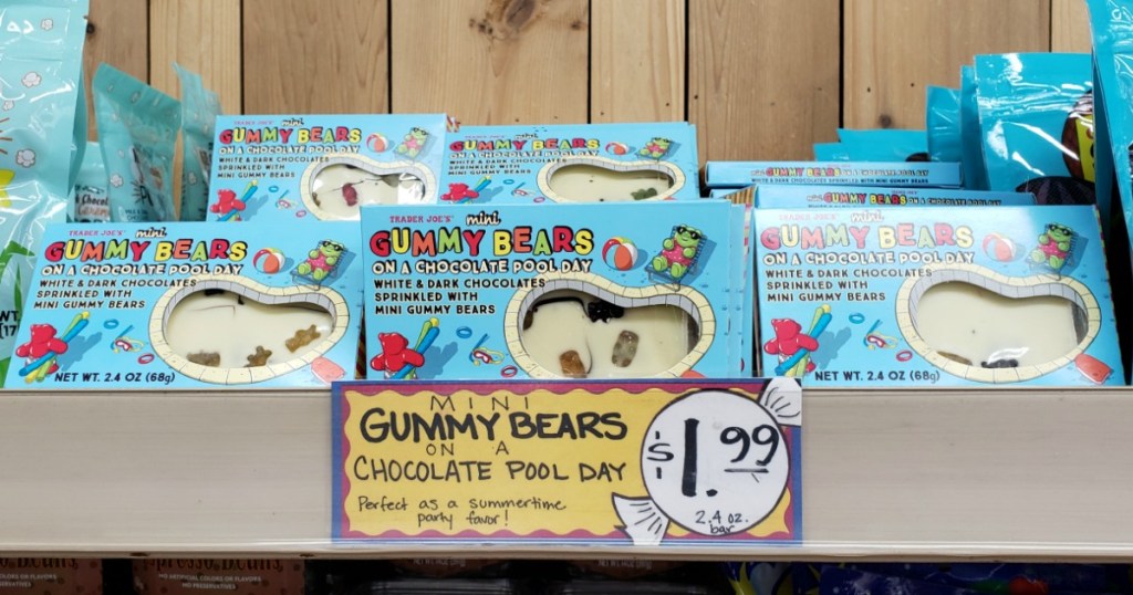 Store display of Trader Joe's Mini Gummy Bears on a Chocolate Pool Day