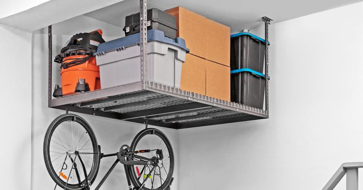 NewAge Products VersaRac with boxes, totes, and shop vac on rack with bike hanging from hook