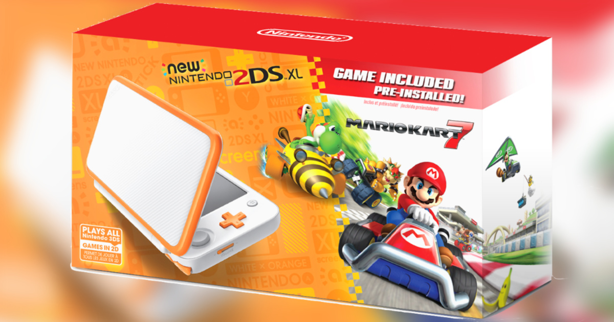 Orange and white nintendo 2ds xl console box with mario kart 7