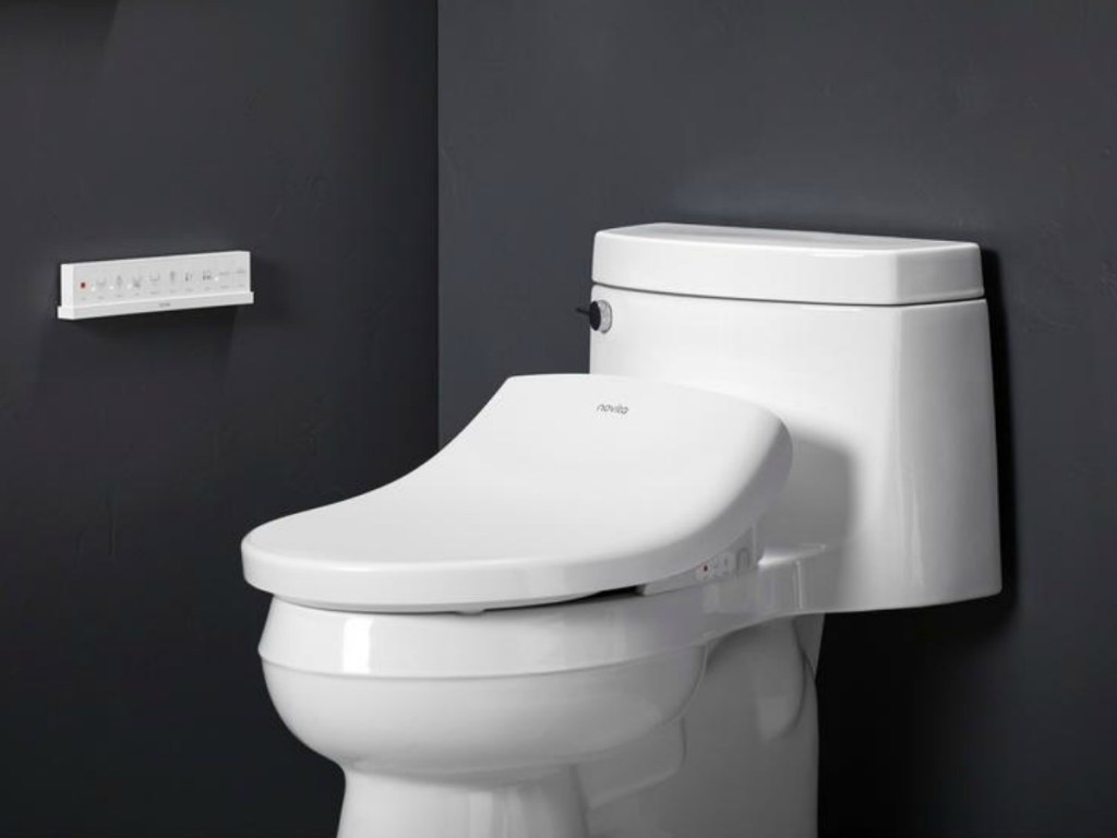 white toilet with attached bidet in dark bathroom