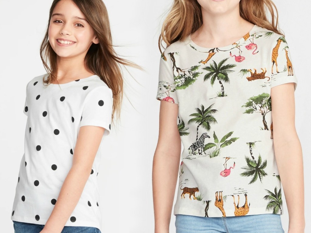 girls in summer tshirts with palm trees and polka dots