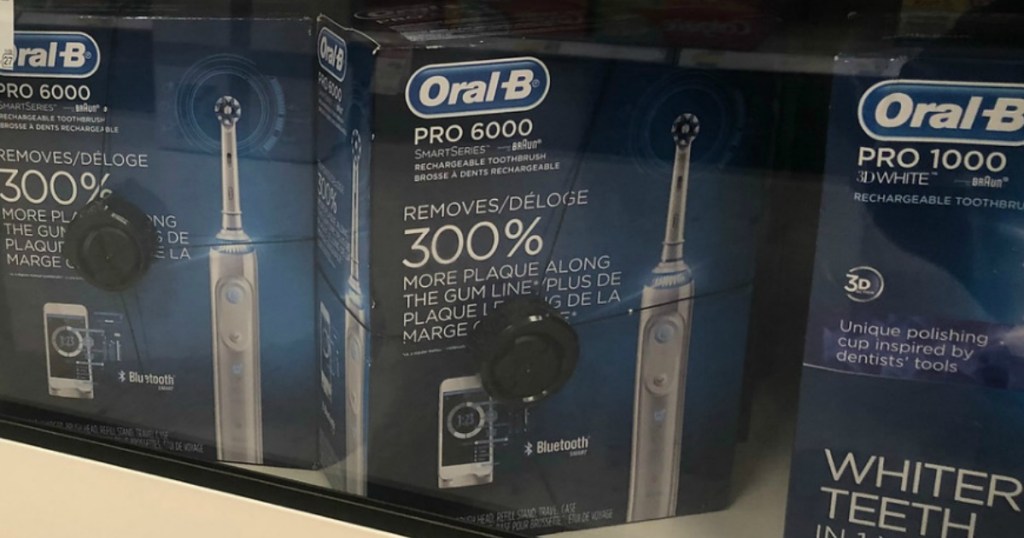 Oral B electric toothbrushes in locked display case