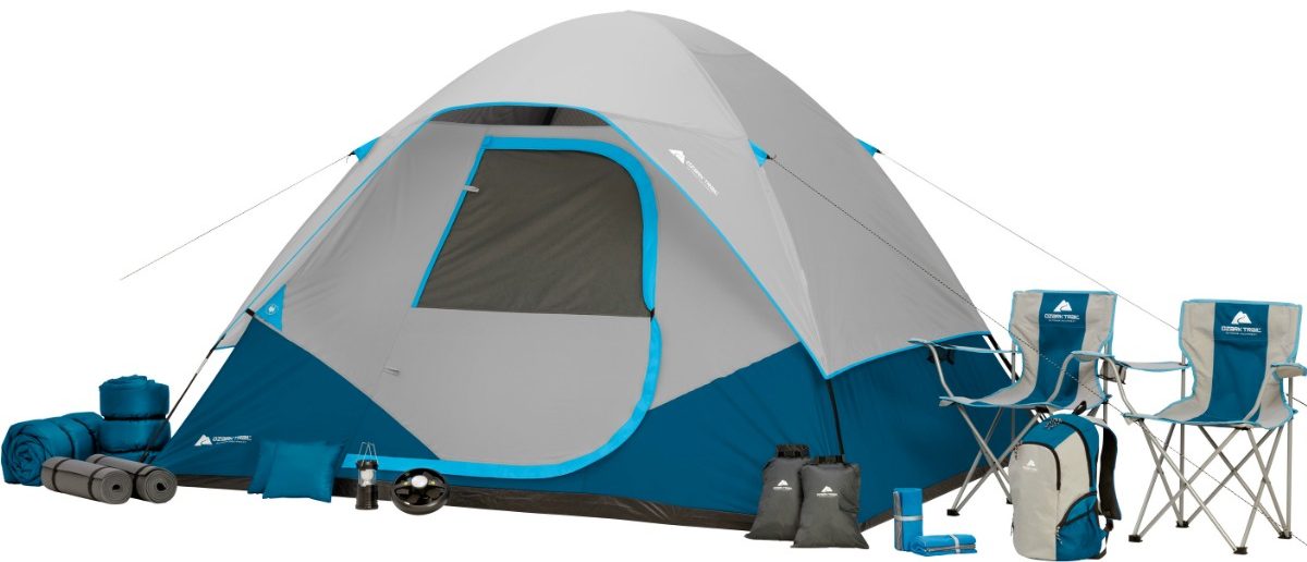 blue tent with camping chairs, sleeping bags and backpack