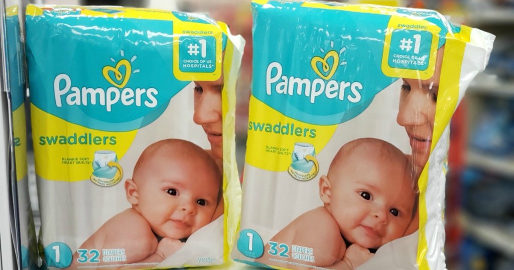 Pampers diapers packs on counter