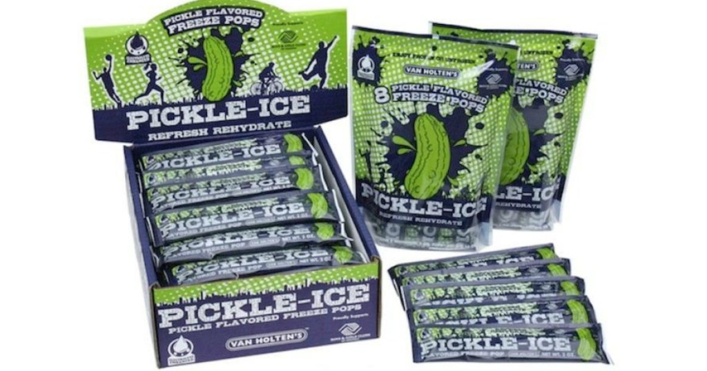 bulk package of pickle ice pops placed next to two bags of pickle pops and single pops