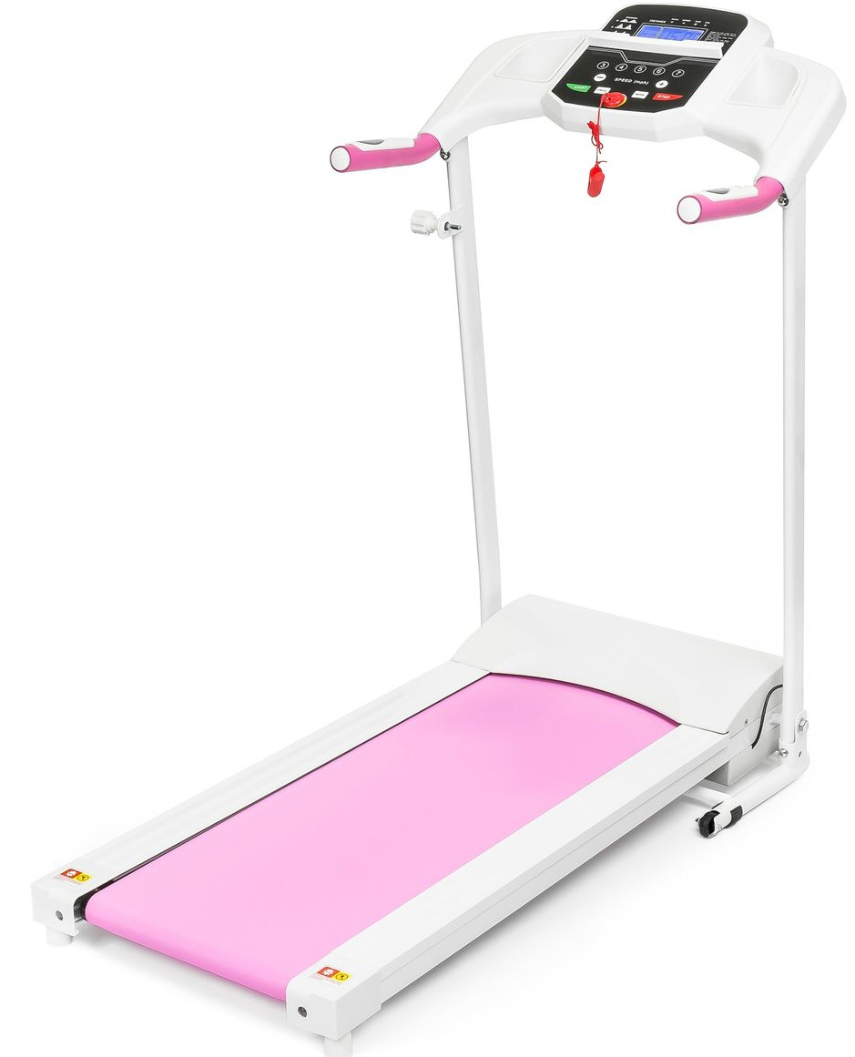 White treadmill with pink belt and handles