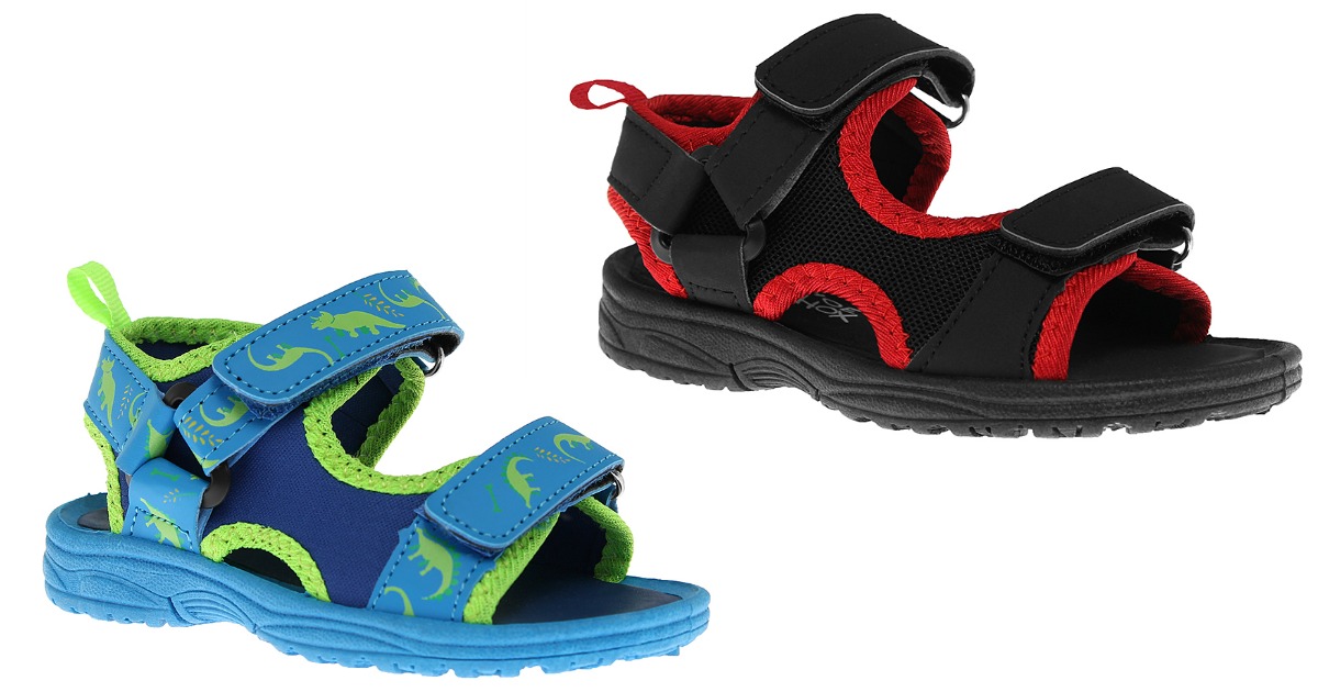 boy's play sandals in blue with green trim and black with red