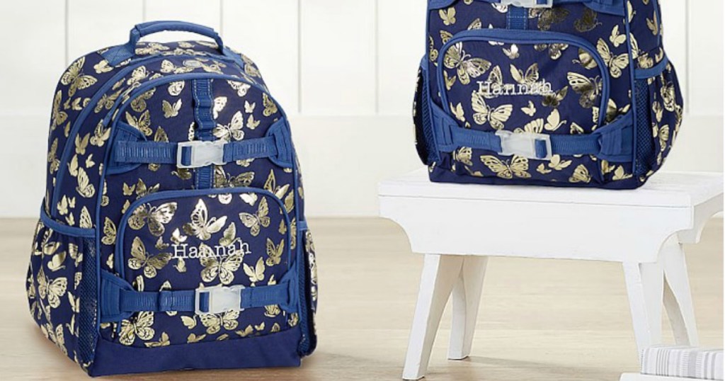 2 pottery barn kids backpacks navy blue with gold butterflies
