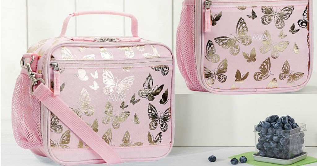 pottery barn kids lunch bags pink with gold butterflies