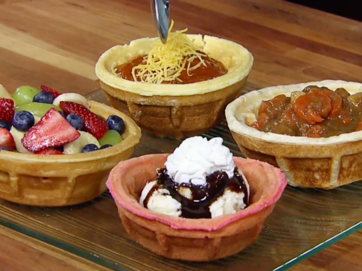 waffle bowls filled with foods