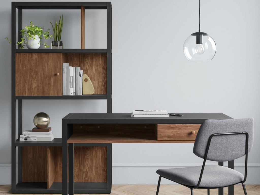 office with project 62 Siebert Desk, grey chair and book shelf