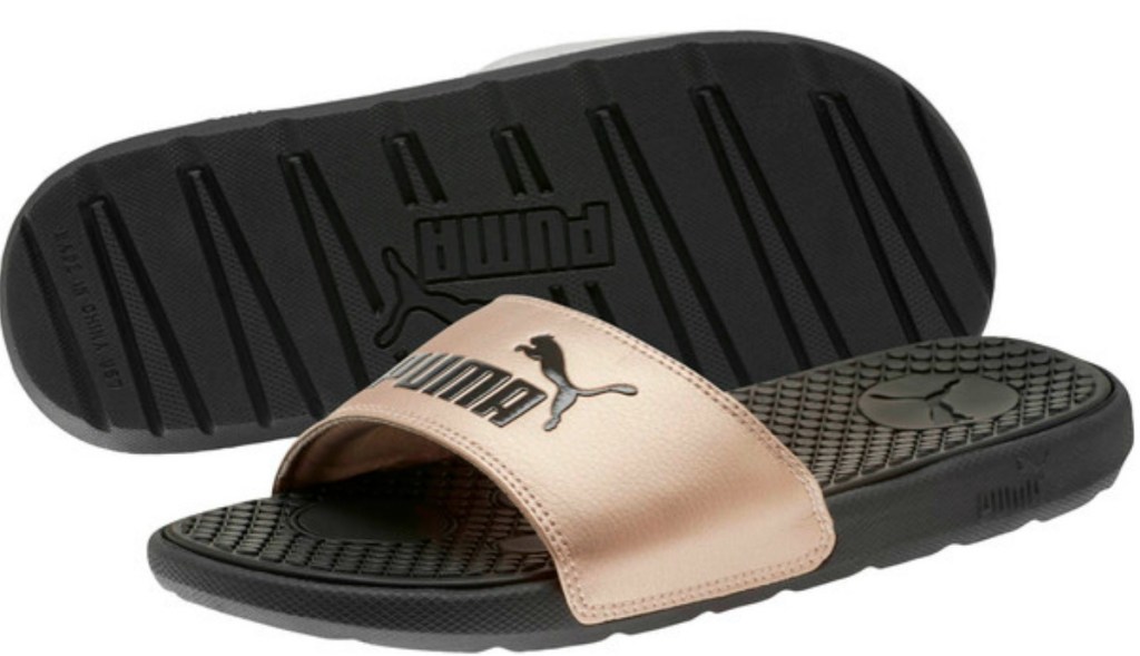 pair of women's sandals rose gold and black